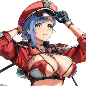 1girl adjusting_clothes adjusting_headwear bangle between_breasts bikini black_gloves blue_hair blunt_bangs blush bracelet braid breasts bursting_breasts cleavage cleavage_cutout closed_mouth clothing_cutout covered_erect_nipples cropped_jacket dione_(last_origin) eyebrows_hidden_by_hair eyelashes female_focus game_cg gloves green_eyes hair_bun hair_ornament hat high_collar jacket jewelry last_origin long_hair looking_at_viewer mel_(dodosae) official_art peaked_cap red_bikini red_jacket revealing_clothes single_glove single_hair_bun skindentation sweat sweatdrop swept_bangs swimsuit three-quarter_sleeves transparent_background upper_body whistle whistle_around_neck x_hair_ornament