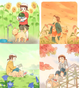 Rule 34 | 4girls, animal collar, autumn, autumn leaves, bad id, bag, black eyes, blue flower, blue jacket, blue pants, blue shorts, blue sky, blue sleeves, blunt bangs, brown collar, brown eyes, brown fur, brown hair, brown tail, bucket, bud, bug, buttons, capri pants, collar, collared jacket, colorful, commentary request, cowboy shot, cropped jacket, day, denim, denim jacket, dog, downturned eyes, dragonfly, evening, faucet, field, flower, food, from above, from side, fruit, full body, gentiana (flower), green sky, grey bag, grey jacket, grey shorts, grey sleeves, handbag, holding, holding bucket, hood, hood down, hoodie, hose, insect, jacket, jungle gym, koike sadaji, laces, lake, layered sleeves, leaf, legs apart, long sleeves, looking at another, low twintails, multiple girls, multiple views, number print, on grass, on ground, open clothes, open jacket, orange sky, original, outdoors, pants, plant request, playground, pocket, print shirt, red collar, red leaf, red shirt, red shoes, red sleeves, shirt, shoes, short over long sleeves, short sleeves, short twintails, shorts, sitting, sky, sleeping, slice of life, smile, sneakers, solid circle eyes, split mouth, standing, summer, sunflower, t-shirt, tongue, tongue out, twintails, water, watermelon, white sleeves, wing collar, yellow flower, yellow hood, yellow hoodie