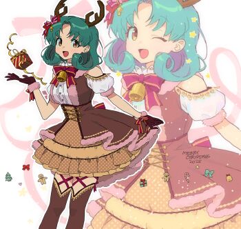 1girl :d ;d antlers bell box breasts brown_dress brown_eyes brown_gloves brown_thighhighs commentary detached_sleeves dress empty_(neyo) english_commentary feet_out_of_frame fur-trimmed_gloves fur-trimmed_skirt fur_trim gift gift_box gloves green_hair hair_ribbon hand_up horns idolmaster idolmaster_million_live! idolmaster_million_live!_theater_days looking_at_viewer medium_breasts medium_hair merry_christmas neck_bell neck_ribbon object_floating_above_hand one_eye_closed open_mouth parted_bangs red_ribbon reindeer_antlers ribbon short_hair short_sleeves skirt skirt_hold smile solo standing thighhighs tokugawa_matsuri zoom_layer