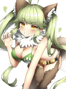 Rule 34 | absurdres, ahoge, animal ears, bare shoulders, belt, bikini, bikini top only, blush, breasts, brown tail, claw pose, cleavage, commentary request, deale (nyanko daisensou), detached collar, feet out of frame, fur collar, green bikini, green hair, hand up, heart, heart background, highres, large breasts, leaning forward, long hair, looking at viewer, navel, nyanko daisensou, open mouth, outstretched arm, paw print, paw print pattern, pepushi drow, sidelocks, simple background, smile, swimsuit, tail, teeth, twintails, very long hair, white background, wolf ears, wolf tail, yellow eyes