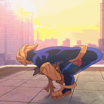 1boy 1girl aircraft animated axe blonde_hair blue_bodysuit bodysuit boku_no_hero_academia breasts building city cleavage cleavage_cutout closed_eyes clothing_cutout cloud curly_hair drill_hair evening eye_mask giant giantess gloves helicopter horns jumping kamui_woods khyle. long_hair mask medium_breasts meme mount_lady open_mouth orange_sky outdoors purple_gloves purple_horns size_difference sky superhero_costume tagme teeth upper_teeth_only v video