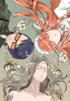 Rule 34 | 1girl, 2boys, absurdres, arm tattoo, beard stubble, black headband, blue hair, closed eyes, closed mouth, facial hair, flower, frilled hairband, frills, from above, green jacket, grey background, grey hair, hair ribbon, hair spread out, hairband, headband, highres, jacket, long hair, lying, multiple boys, object through head, on back, open mouth, orange-tinted eyewear, parted lips, persona, persona 3, red hair, ribbon, sakaki takaya, shirato jin, short hair, sidelocks, simple background, stubble, sunglasses, sunorsa, sword in head, tattoo, tinted eyewear, tress ribbon, upper body, white flower, white ribbon, yoshino chidori