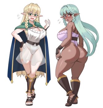 2girls aqua_hair ass bare_shoulders blonde_hair blush braid breasts cape dark_skin elf eltolinde_(unicorn_overlord) embarrassed from_behind green_eyes highres huge_ass large_breasts leotard long_hair looking_at_viewer looking_back multiple_girls open_mouth pointy_ears red_eyes rosalinde_(unicorn_overlord) sideboob thick_thighs thighs thong_leotard unicorn_overlord very_long_hair ytrall