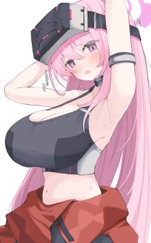 1girl absurdres armpits blue_archive breasts commentary_request eimi_(battlesuit)_(blue_archive) eimi_(blue_archive) halo highres huge_breasts long_hair looking_at_viewer nui_(nuinui0300) official_alternate_costume pink_eyes pink_hair simple_background solo sports_bra translation_request variant_set white_background