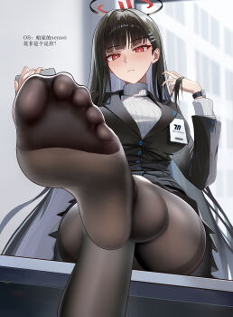 1girl absurdres black_hair black_jacket black_pantyhose blue_archive bm_(bm364364) breasts chinese_text feet foot_focus from_below frown halo highres indoors jacket large_breasts long_hair long_sleeves no_shoes pantyhose red_eyes rio_(blue_archive) sitting sitting_on_table solo sweater translation_request very_long_hair white_sweater
