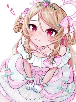 Rule 34 | 1girl, a11302285, bare shoulders, blonde hair, bloom, blush, bow, braid, braided hair rings, closed mouth, collarbone, colored inner hair, cowboy shot, criss-cross halter, dress, dress bow, dress flower, dutch angle, fang, flower, frilled dress, frills, from above, furrowed brow, glove bow, gloves, hair intakes, hair ornament, hair ribbon, hair rings, hairclip, halo, halterneck, hashtag-only commentary, heart, heart-shaped gem, heart-shaped pupils, highres, long hair, looking up, makaino ririmu, multicolored hair, nijisanji, nose blush, off-shoulder dress, off shoulder, official alternate costume, official alternate hairstyle, pink bow, pink dress, pink hair, pink halo, pink ribbon, pink streaks, red eyes, ribbon, side part, side up ring, sidelocks, simple background, skin fang, solo, star (symbol), star hair ornament, streaked hair, swept bangs, symbol-shaped pupils, tiara, two-tone dress, two-tone hair, two side up, virtual youtuber, white background, white dress, white gloves