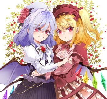 Rule 34 | 2girls, ahoge, alternate costume, azuma aya, bat wings, black dress, blonde hair, bow, bowtie, brooch, capelet, commentary, crystal wings, dress, flandre scarlet, flower, flower in hat, frilled hairband, frills, hairband, hat, high side ponytail, hug, jewelry, juliet sleeves, long sleeves, multiple girls, puffy sleeves, purple hair, purple hat, red bow, red bowtie, red capelet, red eyes, red hairband, red shirt, remilia scarlet, ring, rose, shirt, siblings, sisters, skirt cutout, smile, symbol-only commentary, touhou, victorian, white shirt, wings
