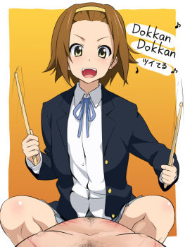 00s 1girl beating brown_hair clothed_sex cowgirl_position dragon_ball_kai drumsticks fat fat_man femdom girl_on_top hairband hitting k-on! lyrics motion_blur musical_note pov school_uniform sex short_hair smile solo_focus straddling tainaka_ritsu text_focus tomboy welts youkan