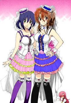 Rule 34 | 3girls, armpits, bare shoulders, blush, breasts, brown hair, cleavage, colorized, corset, dress, folded ponytail, green eyes, hair ornament, hairclip, hat, hayate no gotoku!, highres, kamino ryuuya, katsura hinagiku, large breasts, long hair, maria (hayate no gotoku!), medium breasts, multiple girls, nishizawa ayumu, pink hair, purple hair, red eyes, school uniform, skirt, socks, tank top, thighhighs, twintails, v, zettai ryouiki