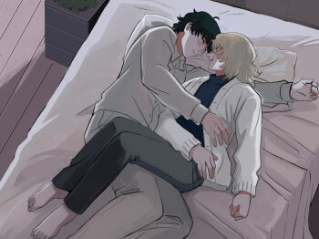 2boys arm_around_shoulder badeni barefoot black_hair blonde_hair blue_sweater cardigan chi.:_chikyuu_no_undou_ni_tsuite closed_eyes collared_shirt contemporary couple cuddling grey_pants grey_shirt highres looking_at_another male_focus medium_hair multiple_boys oczy on_bed pants pillow scar scar_on_face scar_on_mouth scar_on_nose shirt short_hair sleeping sweater white_cardigan wooden_floor yaoi yuyuyuyriri