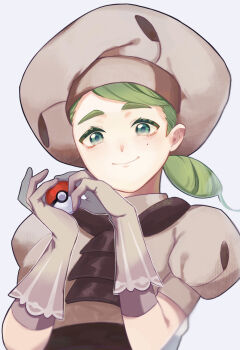 1girl ascot brown_ascot brown_gloves brown_hat brown_shirt chef_hat closed_mouth colored_eyelashes commentary_request gloves green_eyes green_hair hair_bun hat highres holding holding_poke_ball katy_(pokemon) mole mole_under_eye nintendo poke_ball poke_ball_(basic) pokemon pokemon_sv puffy_short_sleeves puffy_sleeves shirt short_sleeves simple_background single_hair_bun smile solo thick_eyebrows tugamori upper_body white_background