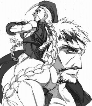 1boy 1girl ass beard black_outline braid braided_ponytail cammy_white facial_hair greyscale huge_ass long_hair looking_to_the_side monochrome mura_kuroe muscular muscular_female mustache original outline ryu_(street_fighter) street_fighter very_long_hair white_background wide_hips