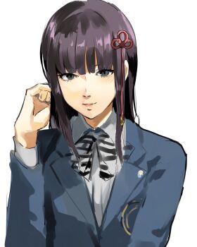 1girl 4me3ba_niku black_bow black_bowtie blue_jacket blunt_bangs bow bowtie green_eyes hair_ornament hand_up highres jacket kosei_high_school_uniform lapels long_hair long_sleeves looking_at_viewer parted_lips persona persona_5 purple_hair school_uniform shirt sidelocks simple_background sketch smile solo striped_bow striped_bowtie striped_clothes tougou_hifumi white_background white_shirt wing_collar