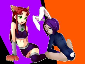 2girls animal_ears animal_hands ass bare_shoulders bindi cartoon_network cat_ears cat_girl cat_paws cat_tail covered_erect_nipples dc_comics female_focus green_eyes leotard long_hair looking_back midriff miniskirt multiple_girls nobumichi open_mouth purple_eyes purple_hair rabbit_ears rabbit_tail raven_(dc) red_hair short_hair sitting skirt starfire tail tank_top teen_titans thighhighs