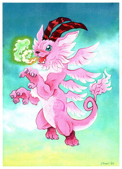 Rule 34 | artist name, blue sky, border, claws, day, digimon, digimon (creature), flying, grace kraft, green eyes, highres, holydramon, horns, multiple wings, no humans, open mouth, outdoors, outside border, pink fur, red horns, signature, sky, solo, tail, white border, wings