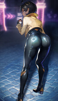1girl absurdres ass bad_id bad_twitter_id bent_over black_bodysuit black_gloves black_hair black_shoes blurry blurry_background bodysuit bodysuit_under_clothes brown_jacket closed_mouth cowlick dark-skinned_female dark_skin emma_(pokemon) full_body gloves hair_between_eyes hair_ornament highres holding holding_poke_ball jacket kryp132 latex latex_bodysuit long_sleeves looking_at_viewer looking_back night nintendo outdoors poke_ball poke_ball_(basic) pokemon pokemon_legends:_z-a purple_eyes shadow shoes short_hair sidelocks solo standing swept_bangs thighs