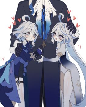 1boy 2girls absurdres ascot black_gloves black_shorts black_sleeves black_suit blue_ascot blue_bow blue_dress blue_eyes blue_hair blue_sash blush bow brooch cowlick dress focalors_(genshin_impact) formal_clothes furina_(genshin_impact) genshin_impact gloves gradient_ascot gradient_clothes gradient_dress hair_intakes hand_on_another's_back headpat heart heart-shaped_pupils heterochromia highres hiji_(hijichan) hug jewelry leaning_on_person light_blue_hair lolita_fashion long_hair long_sleeves looking_up mismatched_pupils multicolored_hair multiple_girls neuvillette_(genshin_impact) open_mouth ouji_fashion parted_bangs puffy_sleeves sash short_hair shorts sidelocks streaked_hair suit symbol-shaped_pupils thigh_strap thighs white_ascot white_background white_dress