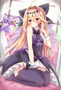 Rule 34 | 1girl, absurdres, antenna hair, ayayayu na, black bow, black dress, black necktie, blonde hair, bow, braid, brooch, commentary request, cure arcana shadow, dress, earrings, gradient hair, hair intakes, hair ornament, half up braid, heart, heart brooch, highres, jewelry, long hair, magical girl, meitantei precure!, moria luluka, multicolored hair, necktie, pink eyes, pink hair, precure, purple nails, purple thighhighs, purple veil, shadow, sleeveless, sleeveless dress, solo, thighhighs, thighs, veil