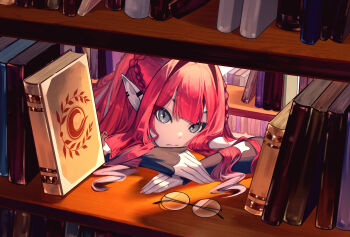1girl absurdres baobhan_sith_(fate) baobhan_sith_(swimsuit_pretender)_(second_ascension)_(fate) book bookshelf braid commentary_request crown_braid dgwaves fate/grand_order fate_(series) glasses grey_eyes hair_ornament hairclip highres library long_hair long_sleeves looking_at_viewer pink_hair pointy_ears ponytail round_eyewear sidelocks