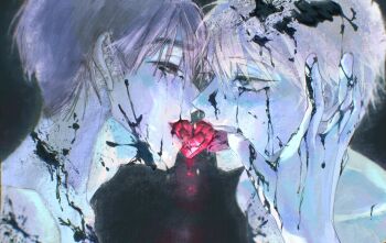 Rule 34 | 2boys, alien stage, black blood, black eyes, blood, commentary, ddl .art, english commentary, green eyes, hand on another's face, heart-shaped gem, highres, ivan (alien stage), male focus, multiple boys, red pupils, till (alien stage), tongue, yaoi