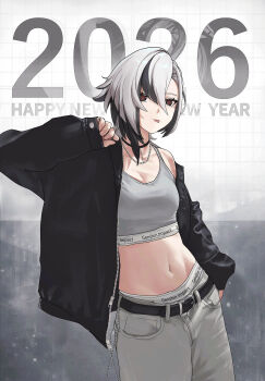 1girl 2026 absurdres aoba_ao arlecchino_(genshin_impact) belt black_belt black_hair black_jacket breasts casual cleavage commentary copyright_name cowboy_shot english_commentary genshin_impact grey_background grey_panties grey_pants grey_sports_bra grid_background hair_between_eyes hand_up happy_new_year highres jacket jewelry looking_at_viewer medium_breasts midriff multicolored_hair navel necklace new_year open_clothes open_jacket panties pants panty_peek red_pupils simple_background single_bare_shoulder single_off_shoulder solo sports_bra symbol-shaped_pupils tongue tongue_out two-tone_background two-tone_hair underwear white_hair x-shaped_pupils zipper_pull_tab