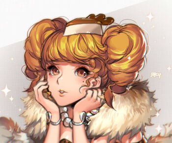 1girl blonde_hair brown_eyes cheesecake_cookie commentary cookie_run cookie_run:_ovenbreak dress drill_hair earrings english_commentary food humanization jewelry kawacy long_hair looking_at_viewer mole mole_under_eye necklace open_mouth pearl_necklace smile solo twin_drills twintails