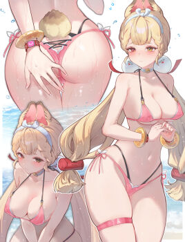 1girl alice_thymefield alternate_costume animal_ears armpit_crease ass bare_arms bare_shoulders bikini blonde_hair blunt_bangs blush braid braided_bangs breasts choker cleavage closed_mouth collarbone commentary_request covered_erect_nipples cowboy_shot cross-laced_bikini cross-laced_clothes fingernails hair_ornament hairband halterneck hand_on_own_ass hands_up heterochromia highres long_hair looking_at_viewer looking_up low_twintails lower_body medium_breasts multi-strapped_bikini_bottom multiple_views navel own_hands_together pink_bikini rabbit_ears rabbit_girl rabbit_tail red_eyes revision shep_(user_uzrg8474) side-tie_bikini_bottom sphere_hair_ornament standing stomach swimsuit tail thigh_gap thigh_strap twintails underboob upper_body very_long_hair wading water wet white_background white_choker white_hairband yellow_eyes zenless_zone_zero