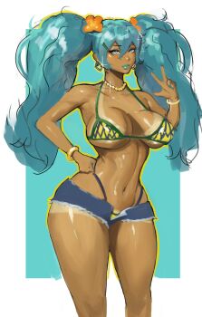 1girl aqua_hair bare_shoulders bead_choker beads beuto bikini bracelet brazilian_flag brazilian_flag_print brazilian_miku breasts cleavage collarbone dark-skinned_female dark_skin earrings flag_print flower gold_bracelet hair_flower hair_ornament hatsune_miku highres jewelry large_breasts long_hair looking_at_viewer navel rectangular_earrings shaka_sign shiny_skin shorts shorts_tan smile solo swimsuit tan tanline tanline_peek thick_thighs thighs twintails vocaloid yellow_bikini