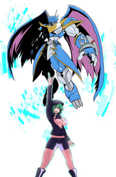 1girl absurdres akeikou arm_up armor bike_shorts bikini bikini_top_only black_bikini black_footwear black_jacket blue_armor boots breasts cleavage commentary_request digimon digimon_(creature) digimon_world_re:digitize full_body goggles goggles_around_neck green_hair hair_between_eyes highres hood hood_up hooded_jacket horns indoors jacket kamina_pose knee_boots large_breasts long_sleeves looking_at_viewer multicolored_bikini navel no_legwear open_mouth orange_eyes partially_unzipped pointing pointing_up red_eyes shinomiya_rina short_hair short_hair_with_long_locks shoulder_pads sidelocks skindentation standing stomach swimsuit teeth two-tone_bikini ulforcev-dramon underboob upper_teeth_only white_bikini wings