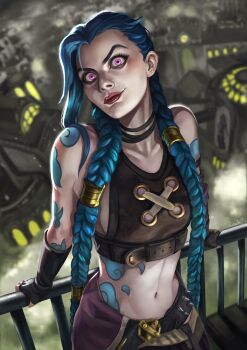 1girl absurdres arm_tattoo bare_shoulders blue_hair braid closed_mouth commentary english_commentary highres jinx_(league_of_legends) league_of_legends long_hair looking_at_viewer navel pink_eyes smile solo stomach_tattoo tattoo tofusenshiart twin_braids