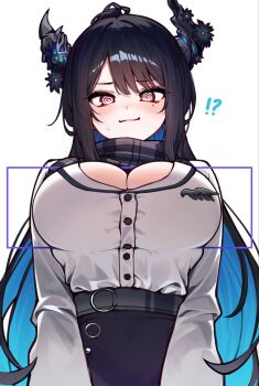 Rule 34 | 1girl, @ @, asymmetrical horns, black hair, black skirt, blue hair, blush, breasts, cleavage, colored inner hair, demon horns, highres, hololive, hololive english, horns, large breasts, long hair, looking at viewer, meme, mole, mole under eye, multicolored hair, nerissa ravencroft, nerissa ravencroft (casual), nervous smile, office lady, official alternate costume, official alternate hairstyle, red eyes, seion, shirt, skirt, smile, solo, sweatdrop, twitter header won't fit (meme), virtual youtuber, white shirt