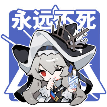 1girl arknights black_dress black_hat chibi chibi_only commentary criss-cross_straps dress fy_fei_xiao_ya grey_hair hat long_hair looking_at_viewer one_eye_closed red_eyes shark_girl smile solo specter_(arknights) specter_the_unchained_(arknights) symbol-only_commentary two-sided_fabric two-sided_headwear white_hat