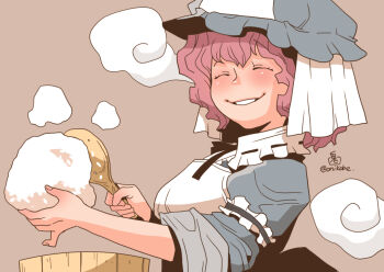 Rule 34 | 1girl, apron, blue hat, blue kimono, blush, brown background, closed eyes, commentary request, food, hat, japanese clothes, kimono, mob cap, onigiri, onikobe rin, rice, saigyouji yuyuko, shamoji, short hair, simple background, smile, solo, touhou, upper body, white apron