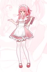 Rule 34 | 1girl, alternate costume, ando (user hyza3545), apron, blue archive, blush, dress, enmaided, feathers, frilled apron, frilled dress, frills, full body, hair between eyes, highres, maid, maid headdress, medium hair, one side up, open mouth, pink dress, pink eyes, pink hair, red footwear, serina (blue archive), shoes, short sleeves, smile, solo, thighhighs, white apron, white thighhighs, zoom layer