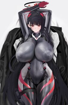 1girl arms_up black_bodysuit black_hair blue_archive blush bodysuit breasts bright_pupils closed_mouth commentary_request covered_erect_nipples halo highres huge_breasts long_hair looking_at_viewer lying official_alternate_costume on_back red_eyes rio_(blue_archive) rio_(bodysuit)_(blue_archive) solo white_pupils xiujia_yihuizi