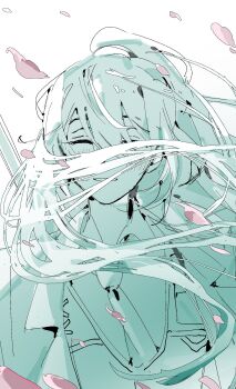 Rule 34 | 1boy, :d, ^ ^, aqua theme, blush, closed eyes, coat, collared shirt, commentary, english commentary, facing viewer, falling petals, hair between eyes, high ponytail, highres, hong lu (project moon), irkaoy, lapels, limbus company, long hair, male focus, monochrome, necktie, notched lapels, one eye covered, open clothes, open coat, open mouth, petals, pink petals, ponytail, portrait, project moon, shirt, simple background, smile, solo, spot color, very long hair, vest, white background, wind