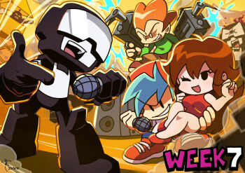 1girl 5boys absurdres black_bodysuit black_eyes black_gloves blood blue_hair bodysuit boyfriend_(friday_night_funkin') brown_hair carrying carrying_person clone combat_helmet commentary_request covered_eyes dated dress dual_wielding english_text faceless faceless_male faco finger_gun friday_night_funkin' girlfriend_(friday_night_funkin') glasses gloves goggles green_shirt grin gun gunshot_wound hand_up hat headshot helmet high_heels highres holding holding_microphone john_captain long_hair mac-10/11 microphone monochrome_background mountainous_horizon multiple_boys newgrounds one_eye_closed opaque_glasses open_mouth orange_hair outdoors pickelhaube pico_(newgrounds) pico_(newgrounds_series) rapping red_dress red_footwear red_headwear scowl shirt shoes signature sleeveless sleeveless_dress smear_frame smile sneakers sniper solid_oval_eyes stereo submachine_gun tankman_(newgrounds) tankmen tim_(tankmen) unibrow v-shaped_eyebrows vest watchtower weapon white_eyes white_shirt white_vest yellow_background