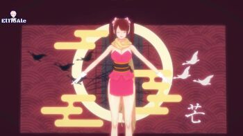 1girl 3d animated breasts brown_eyes brown_hair curvy dancing el_tio_ale highres japanese_clothes kimono large_breasts long_hair looking_at_viewer one_piece red_lips shinobu_(one_piece) short_kimono smile sound tagme twintails video wide_hips