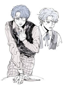 Rule 34 | 1boy, adjusting collar, black vest, blue eyes, blue hair, closed mouth, daan (fear &amp; hunger), eyepatch, fear &amp; hunger (series), fear &amp; hunger 2: termina, hashtag-only commentary, highres, knife, looking at viewer, male focus, medical eyepatch, multiple views, sanhomaydraw, shirt, short hair, simple background, spot color, sweat, vest, white background, white shirt