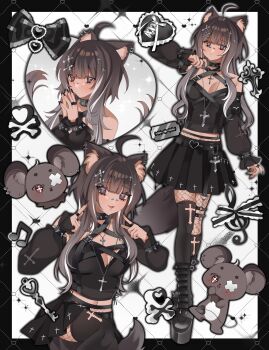 1girl ahoge animal_ear_fluff animal_ear_piercing animal_ears black_boots black_border black_choker black_shirt black_skirt black_thighhighs blunt_bangs boots border breasts brown_eyes brown_hair cali_kki cat_ears cat_girl cat_tail choker cleavage commentary commission english_commentary fishnet_pantyhose fishnets hand_up hands_up highres indie_virtual_youtuber jewelry knee_boots long_hair long_sleeves looking_at_viewer medium_breasts miniskirt multiple_rings multiple_views open_mouth outside_border own_hands_together pantyhose peachyecc_(vtuber) pointing pointing_at_self razor_blade ring shirt skirt smile solo tail thighhighs treble_clef virtual_youtuber white_background