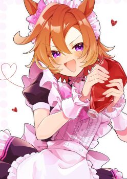 1girl amano_(amano_miko) animal_ears apron black_dress blush bow breasts commentary_request dress ear_bow hair_between_eyes heart highres horse_ears horse_girl ketchup_bottle looking_at_viewer maid maid_apron maid_headdress open_mouth orange_hair pink_apron pink_bow pink_headdress purple_eyes short_hair smile solo squeezing t.m._opera_o_(umamusume) umamusume
