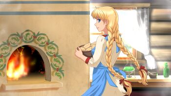 apron backboob blonde_hair blue_apron blue_eyes bottle bow bowl braid breasts curtains dress dress_shirt erlenmeyer_flask fire flask food hair_behind_ear hair_bow hair_ribbon highres holding holding_bowl indoors light_smile long_hair looking_at_viewer looking_back low_twin_braids mortar_(bowl) official_artist_extra original orika_nekoi oven pestle red_bow red_dress red_ribbon ribbon shirt slavya-chan smile smoke table twin_braids visual_novel window wooden_table wooden_wall yellow_dress