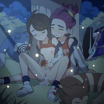 1boy 1girl absurdres aftersex bar_censor black_hair blush breasts brown_hair censored clothes_lift cum cum_in_pussy fireflies furret gen_1_pokemon gen_2_pokemon grass highres hoshi_wo_miru juliana_(pokemon) kieran_(pokemon) kodomo_doushi loli miraidon mosaic_censoring night nintendo nipples open_mouth outdoors pokemon pokemon_sv poliwrath purple_hair pussy shirt_lift shota sleeping small_breasts spread_legs tree yellow_eyes