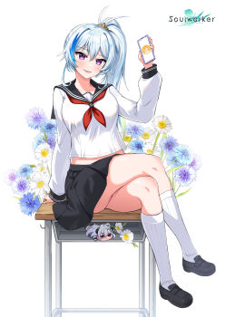 1girl absurdres black_shoes black_skirt breasts cellphone crossed_legs desk doge ephnel full_body hair_ornament head_tilt highres holding kneehighs large_breasts loafers long_hair long_sleeves looking_at_viewer maett midriff miniskirt multicolored_hair neckerchief official_art open_mouth phone pleated_skirt purple_eyes raised_eyebrow sailor_collar school_desk school_uniform serafuku shirt shirt_overhang shoes side_ponytail sitting skirt smartphone smile smug socks solo soulworker streaked_hair thighs white_hair white_shirt white_socks