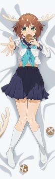 1girl :3 absurdres antlers aqua_neckerchief blue_sailor_collar blue_skirt brown_hair commentary_request dakimakura_(medium) deer_antlers deer_cracker deer_girl food full_body green_eyes highres hino_minami_high_school_uniform holding holding_food horns long_sleeves looking_at_viewer lying midriff_peek neckerchief no_shoes official_art on_back outstretched_arm pleated_skirt reaching reaching_towards_viewer sailor_collar school_uniform serafuku shikanoko_noko shikanoko_nokonoko_koshitantan shirt short_hair skirt socks solo white_background white_shirt white_socks