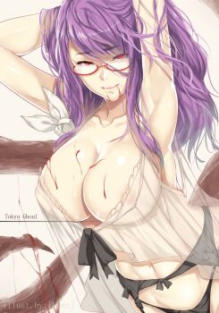 10s 1girl armpits arms_up babydoll black_panties blood blood_from_mouth blood_on_breasts breasts cleavage collarbone female_focus garter_belt garter_straps glasses grey_background hews highres kagune_(tokyo_ghoul) kamishiro_rize large_breasts lingerie long_hair looking_at_viewer monster_girl navel panties purple_hair red-framed_eyewear red_eyes see-through_clothes smile solo tentacles tokyo_ghoul underwear