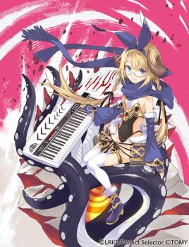 Rule 34 | 1girl, black bow, black leotard, blonde hair, blue eyes, blue gloves, blue hairband, blue scarf, blue shoes, bow, bow hairband, breasts, brown horns, copyright notice, covered navel, detached sleeves, fingerless gloves, fur-trimmed shoes, glasses, gloves, hair bow, hairband, highres, horns, instrument, keyboard (instrument), leotard, lock, long hair, looking at viewer, low twintails, official art, padlock, scarf, shoes, sitting, small breasts, solo, tentacles, thighhighs, tokiti, twintails, umr (wixoss), white thighhighs, wixoss