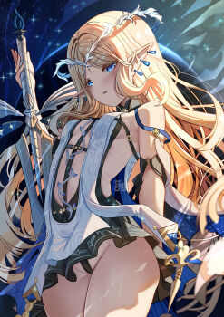 1girl bare_shoulders black_dress blonde_hair blue_eyes blush breasts cartethyia_(wuthering_waves) commentary cowboy_shot crown_of_thorns dress ear_through_crown earrings groin highres holding holding_sword holding_weapon jewelry long_hair looking_at_viewer parted_lips pointy_ears revealing_clothes sidelocks small_breasts solo sword tabard tacet_mark_(wuthering_waves) thighs very_long_hair weapon white_tabard wuthering_waves xephonia