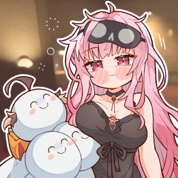 1girl ^_^ ahoge black_dress black_mask black_ribbon blonde_hair blurry blurry_background blush blush_stickers breasts brown_hair cleavage closed_eyes closed_mouth commentary dress english_commentary eyelashes gigi_murin highres hololive hololive_english hood hood_down kukie-nyan long_hair mask mask_on_head messy_hair mori_calliope mori_calliope_(sleepwear) multicolored_hair official_alternate_costume outline pink_hair red_eyes ribbon skull_ornament sleep_mask smile two-tone_hair upper_body virtual_youtuber white_outline