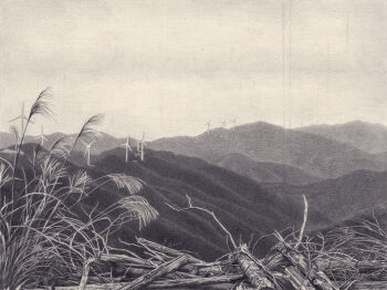 Rule 34 | commentary request, graphite (medium), greyscale, hagane yama, hill, log, monochrome, mountainous horizon, no humans, original, plant, scenery, sky, traditional media, wind turbine, windmill